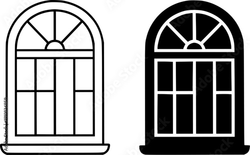 Icon, vector illustration of window, black and white in outline and silhouette design style