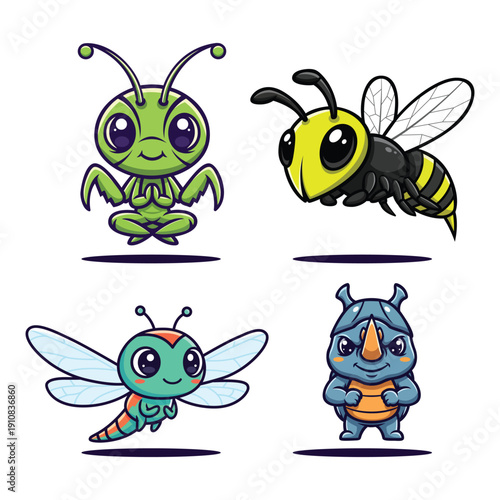 Cute Cartoon Kawaii Praying Mantis Bee Dragonfly Rhinoceros Animal Characters Collection Illustration Set