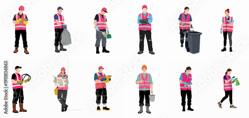 A collection of diverse street cleaners, maintenance workers, and municipal employees in high-visibility vests performing various professional tasks.
