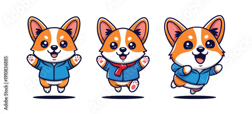 Cute Cartoon Smiling Corgi Puppy Dog Character Wearing Jacket Illustration