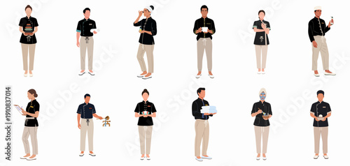 Set of spa and wellness staff avatars in uniform offering beauty treatments, massage services, and aesthetic therapy essentials on white background.