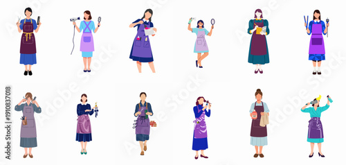 Diverse set of female professional hairstylists and cosmetologists wearing aprons, holding various salon tools, isolated vector illustration collection for beauty services.