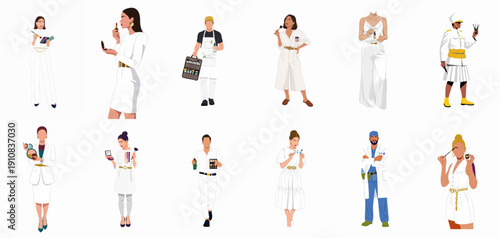 Flat minimalist illustration set of beauty professionals and diverse people applying cosmetics, isolated on a white background.