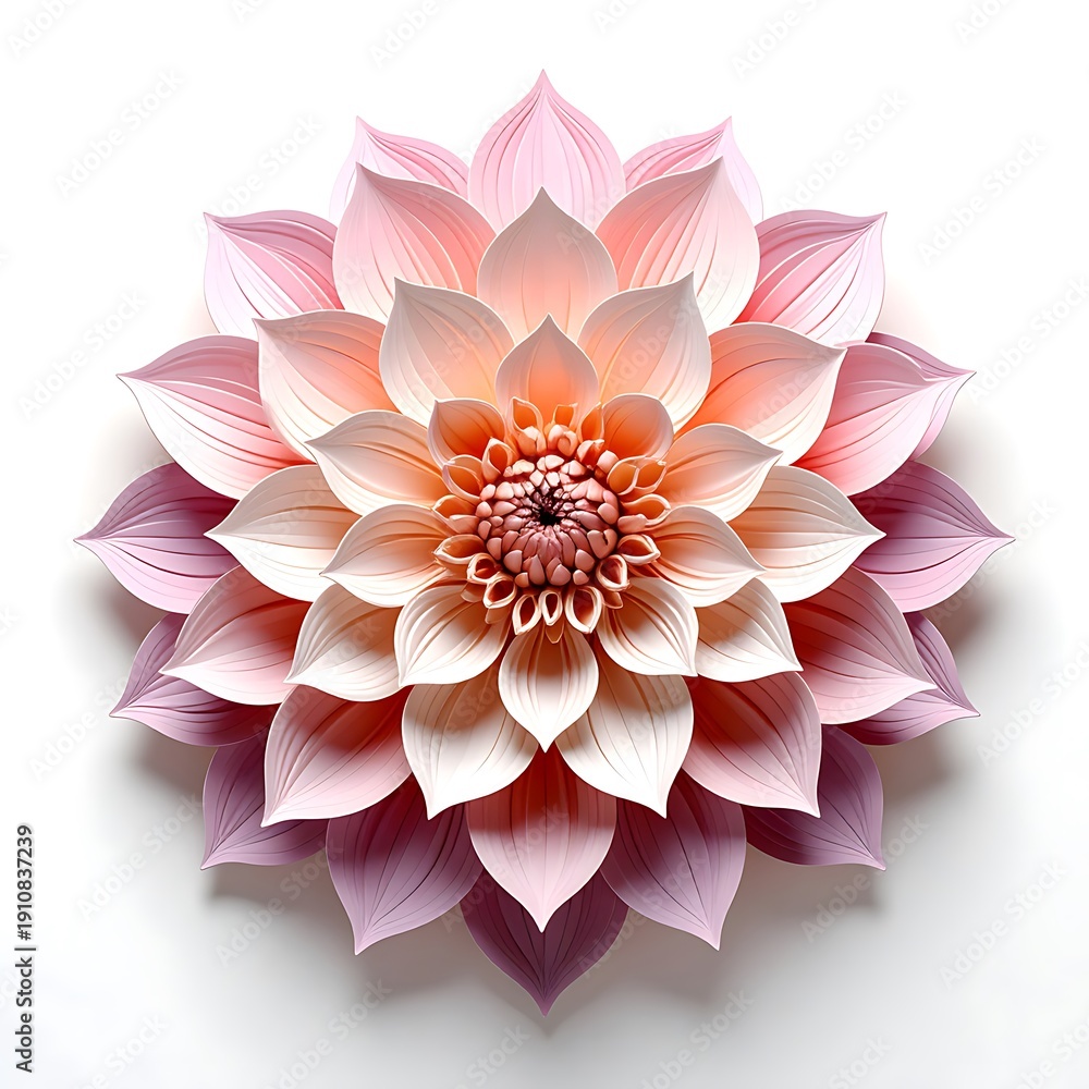 Fototapeta premium Centered, layered pink and peach flower blossom with gradient petals against a white backdrop creating a gentle aesthetic
