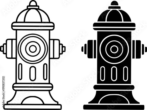 Icon, vector illustration of fire hydrant, black and white in outline and silhouette design style