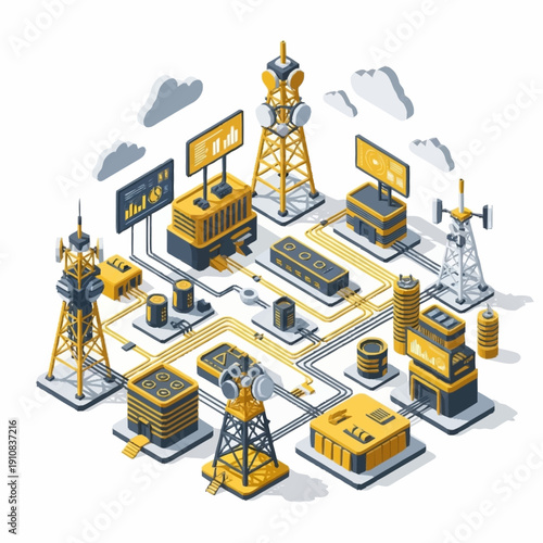 Isometric illustration of an oil refinery with various industrial components.
