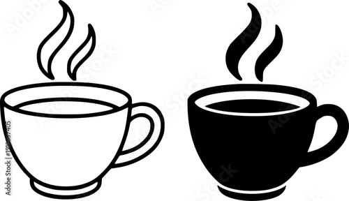 Drink icon, vector illustration of a cup of coffee, black and white in outline and silhouette design style
