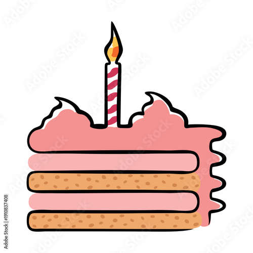 A slice of pink strawberry cake with a candle, Happy Birthday greeting. Vector illustration