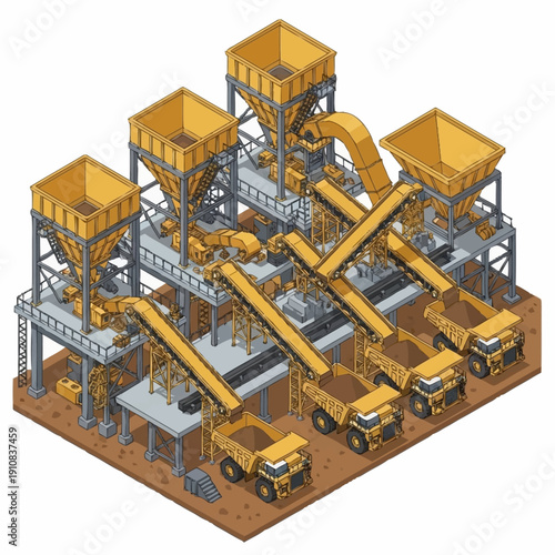 Industrial facility with conveyor belts and dump trucks.