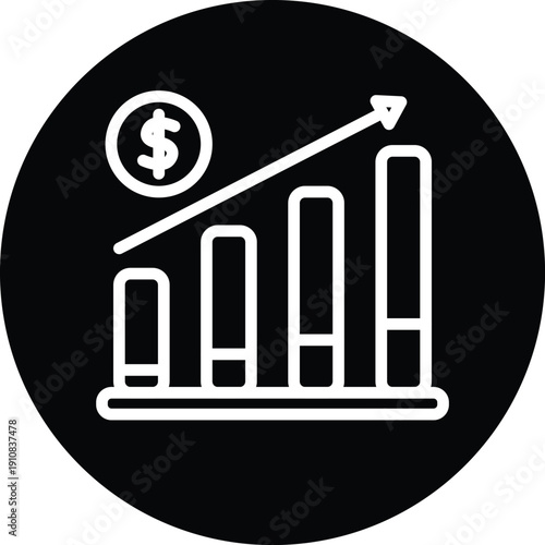 Revenue icon white line art on black circle background vector