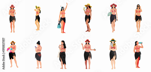 Diverse Women in Red Floral Bikinis and Black Sarongs Enjoying Various Summer Beach and Vacation Activities.