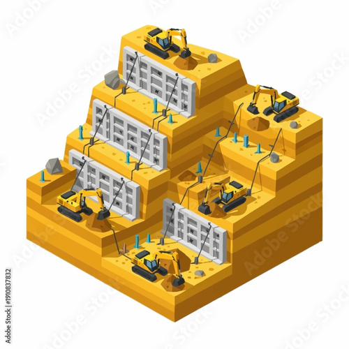 3D illustration of cryptocurrency mining operation with multiple servers and mining rigs.