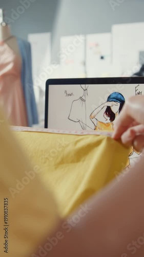Vertical Screen : Close-up young Asia lady dressmaker with laptop on graphic sketch photo use tape measure fabric compare sample create dress design collection on desk in shop. Tailor startup business