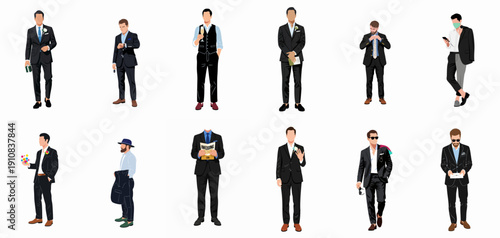 Diverse men in formal black suits and tuxedos, including wedding guests and professionals, illustrated as a large isolated vector set.