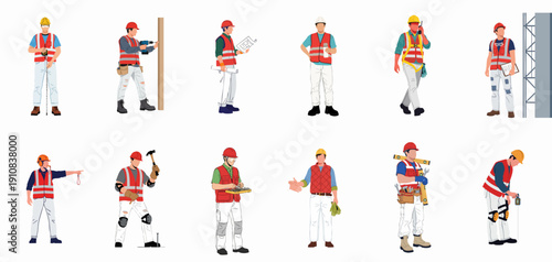 Diverse construction workers illustration set wearing safety vests and hard hats, performing building, renovation, and labor activities.