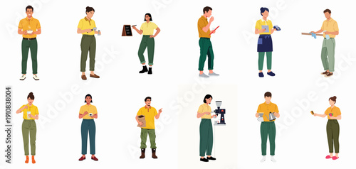Barista and Coffee Shop Staff Collection: Diverse workers illustrating brewing, serving, cleaning, and customer service tasks in the coffee industry.