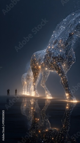 Ethereal Horse Silhouette with Sparkling Stars and Two Silhouetted Figures