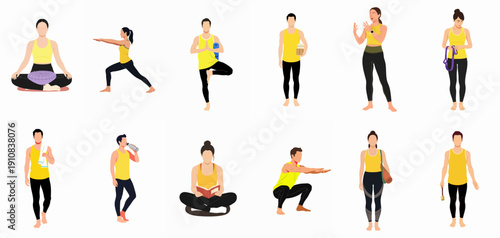 Diverse group of men and women performing various fitness exercises, yoga poses, and wellness activities, including meditation, stretching, and strength training.