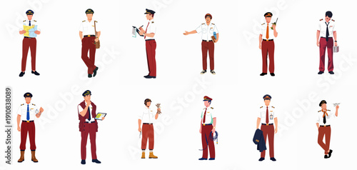 Flat vector set of male pilots and aviation crew in uniform, performing various airport and flight-related tasks, isolated on white background.
