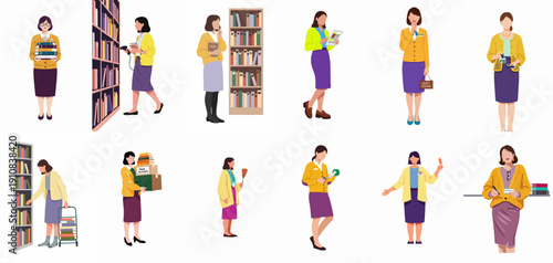 Vector set of female librarians and book store assistants performing various tasks like stocking shelves, checking books, and managing new arrivals.