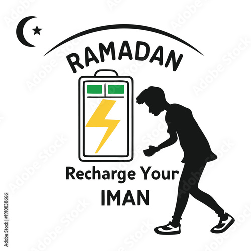 Ramadan Concept of Recharging Iman with Battery Icon and Silhouette