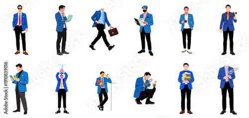 Vector set of diverse male businessmen performing various professional tasks and roles, isolated on white background.