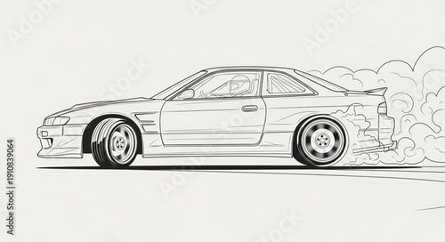 Sports car drifting creating smoke and dust clouds illustration.