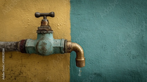 Weathered teal and brass outdoor faucet mounted on a pipe against a mustard yellow and teal wall, with a single drop of water dripping from the spout.  The faucet shows signs of age and wear