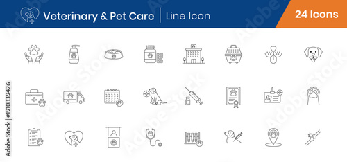 Veterinary and Pet Care Outline Icons Set of 24. Animal Clinic, Grooming, Pet Health Linear Editable Stroke Icons Vector