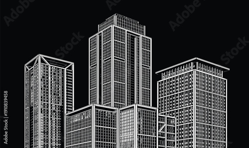 Black and white line art silhouette of modern high-rise buildings and skyscrapers, urban architecture outline, city skyline vector illustration on black background