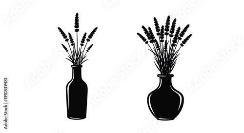 Two black and white illustrations of lavender in glass vases