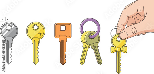 Set of house keys vector illustration hand holding keyring with different metal keys isolated on white background for security access concept