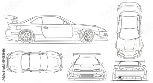 Sports Car Blueprint Design Technical Drawing.