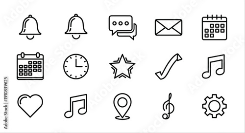 Collection of simple linear notification and utility icons in black and white