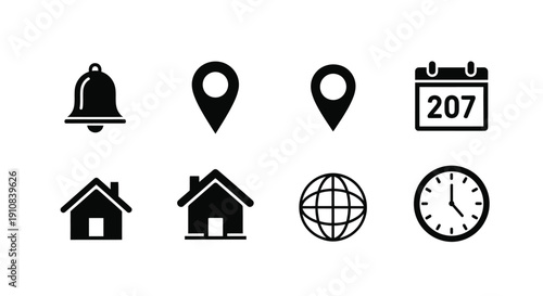 Collection of simple black icons representing notifications locations and time
