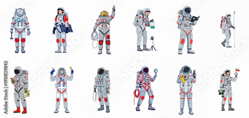 Diverse vector set of astronauts in spacesuits performing different scientific and technical tasks related to space travel and research.