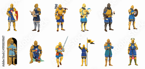 A collection of diverse medieval knights in golden armor and historical costumes, holding various weapons and objects, isolated vector illustration set.