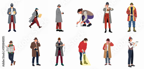 Detective Characters Set: People solving mysteries, gathering evidence, and working on criminal investigation cases.