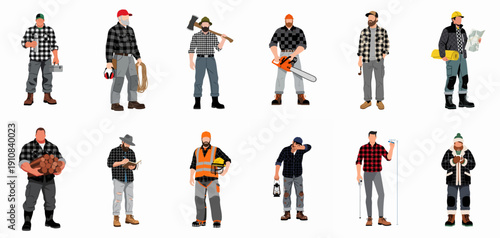 Collection of Lumberjacks and Forestry Workers Vector Illustrations in Plaid Shirts, Featuring Tools, Axes, and Chainsaws.