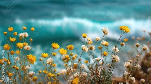 Wildflowers by the sea vivid yellow and white blooms fronting turquoise waves