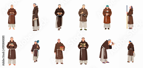 Flat vector illustration set showing Franciscan monks or religious brothers in brown habits engaged in various poses and daily spiritual activities on a white background.