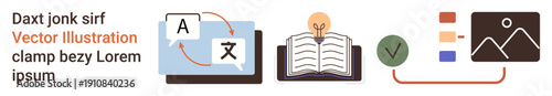 Language learning, education, translation services, knowledge sharing, content creation, digital tools. Icons showing text translation, book with light bulb, checkmark and image interface
