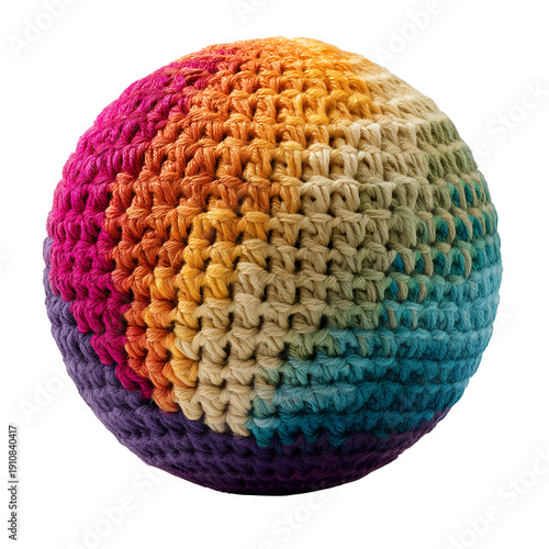 Rainbow gradient knitted hacky sack ball with textured yarn, isolated on white