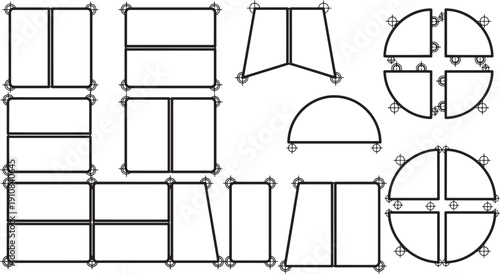 Abstract architectural forms arranged in a dynamic composition, evoking a sense of modern design and structural innovation.
