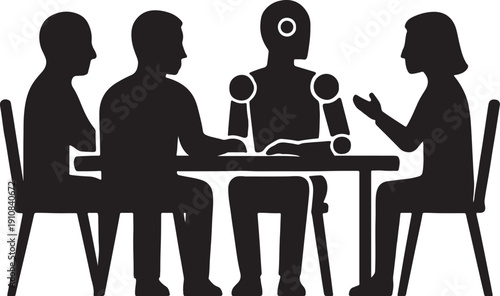 AI Robot and Human Business Team Meeting Silhouette Icon