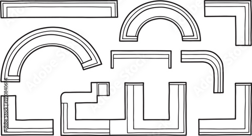 Architectural details of a building's design. The sketch showcases various elements such as curved and linear components, including corners and arches, forming the foundation of a modern design.