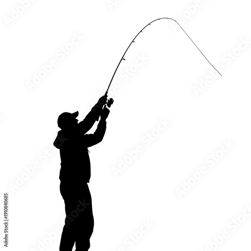 Silhouette of a fisherman casting a fishing rod with great force.