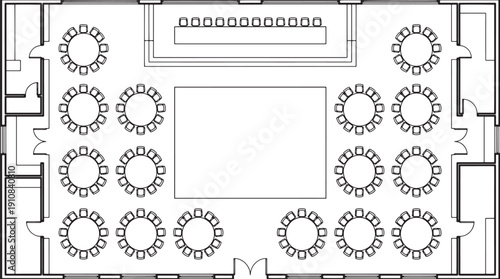 A detailed architectural drawing depicting an event space, showcasing circular tables arranged for a banquet, alongside a raised platform for presentations.