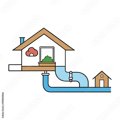 A home drain and sewer system channels wastewater from sinks, toilets, and showers through pipes to safely exit the house, keeping plumbing clean and odor-free.
