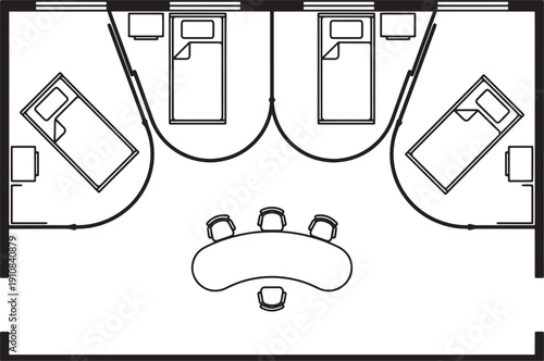 Top-down, architectural plan shows a minimalist and modern interior design concept, the arrangement highlighting the efficient use of space and a focus on essential elements.
